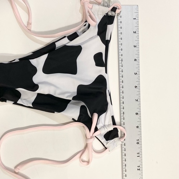 nwot SHEIN Bikini Set S Cow-skin Black-White Pink-Trim Adjust-Tie Stretch Lined - Picture 8 of 10